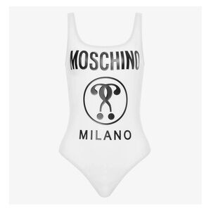 New! MOSCHINO Double Question Logo Scoop Open Back One Piece Swimsuit